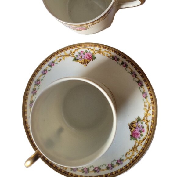 Bernardaud Limoges Demitasse Cups & Saucer Porcelain Pink Rose Gilded - Picture 4 of 11